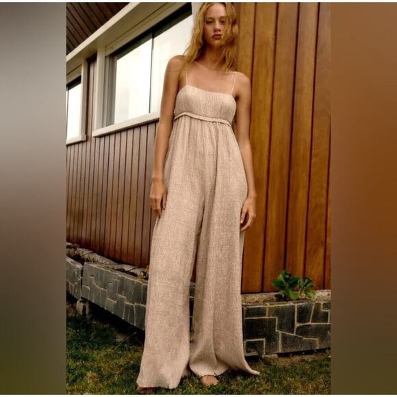 ZARA Beige Textured Ruffle Wide Leg Boho STRUCTURED LONG JUMPSUIT Medium - Picture 1 of 14